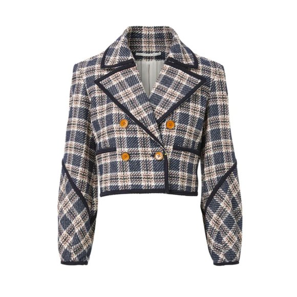 Veronica Beard Aise Cropped Jacket Textured Plaid Ink Multi Oversized Lapels - Picture 3 of 10